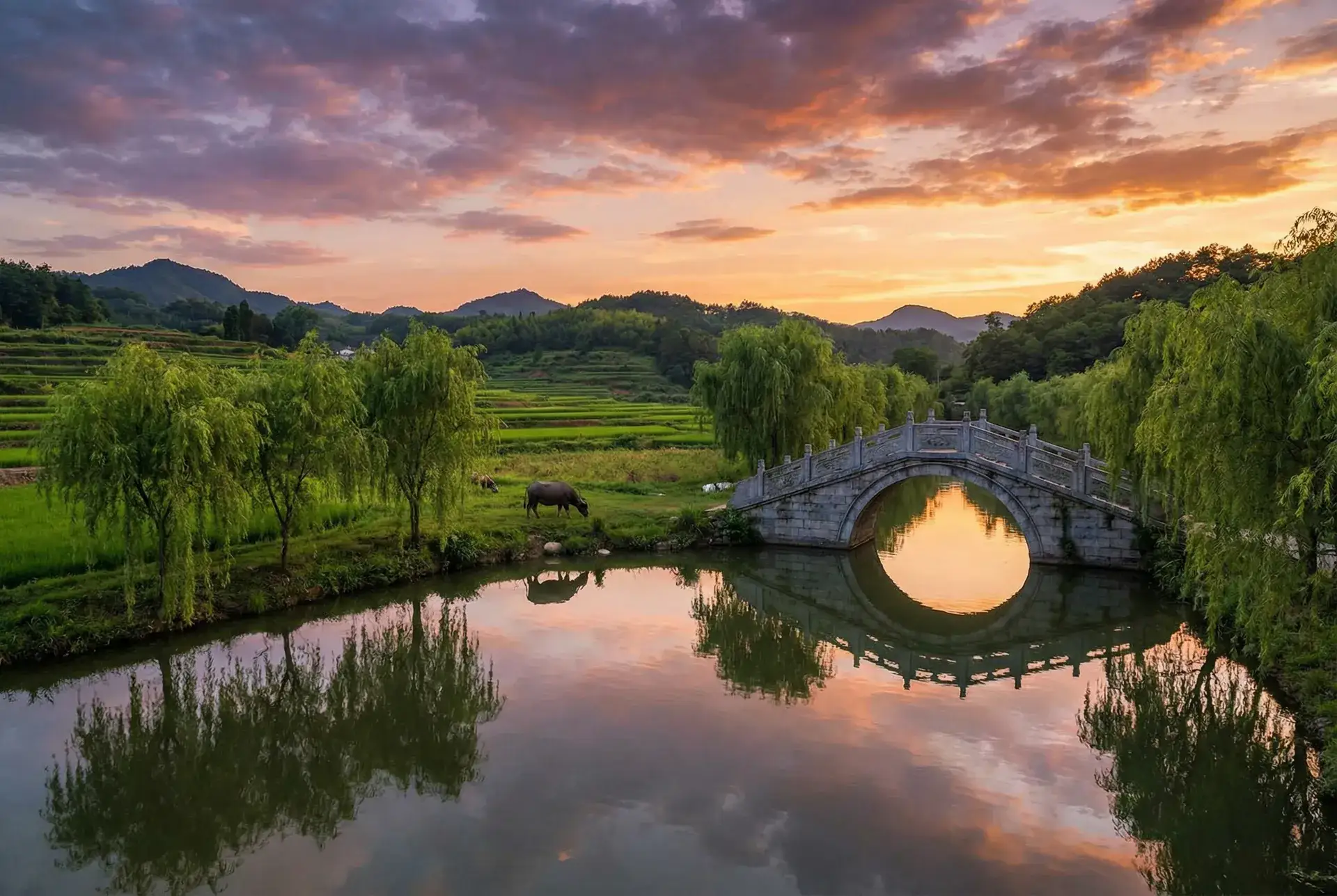 夕阳下的石拱桥与垂柳，水牛在河边吃草 - 嗯啊宝宝怎么还这么紧 乡村美景